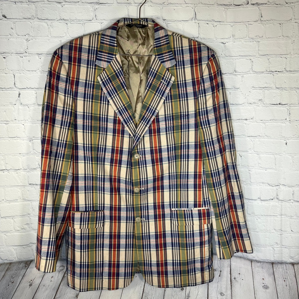 Jos A Bank Mitchell Plaid Sport Coat Blazer 41 Long 100% Cotton Multi Preppy